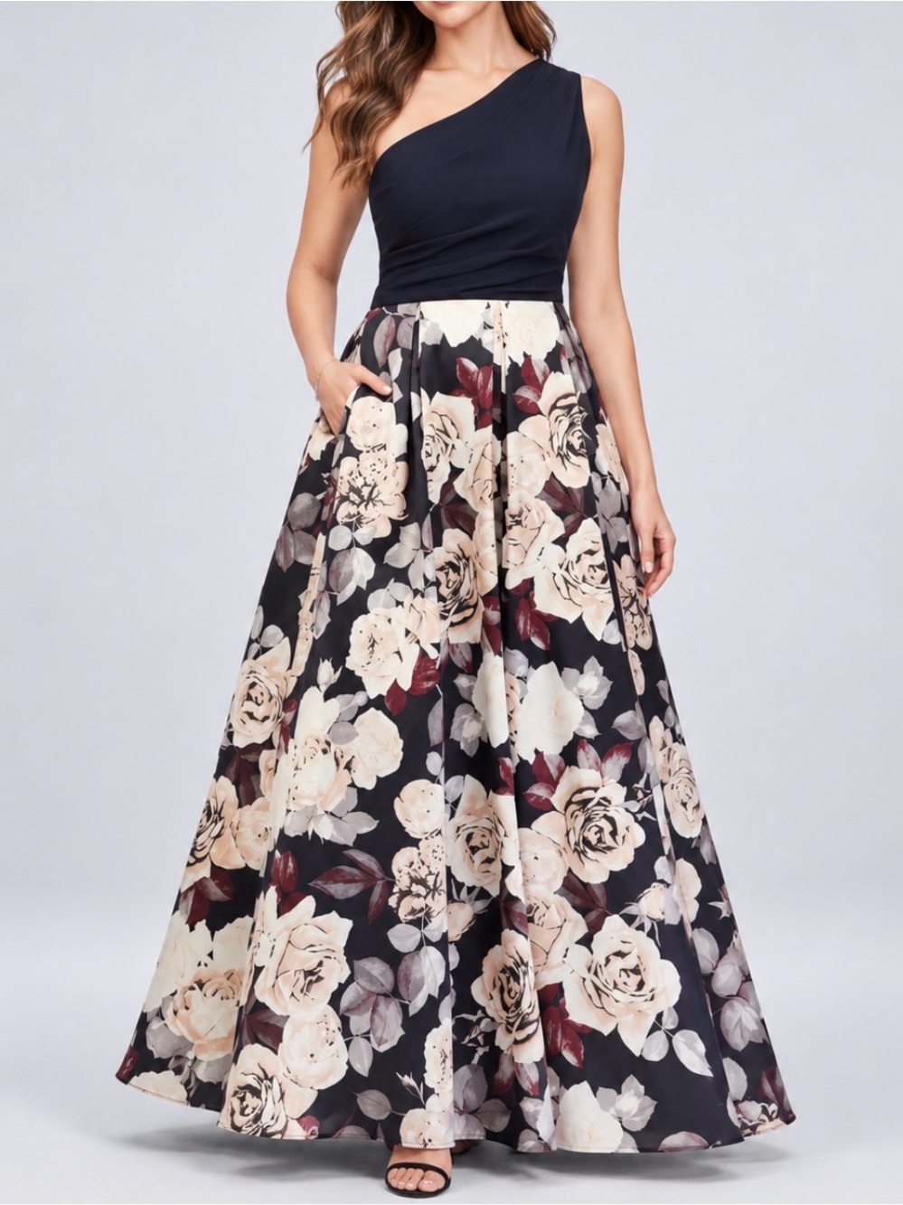 Betsy and Adam Floral Satin and Jersey One-Shoulder Ball Gown STYLE# A21528